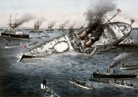 Sinking of The Battleship Victoria Off Tripoli,Syria, June 22, 1893 White Modern Wood Framed Art Print with Double Matting by Currier and Ives