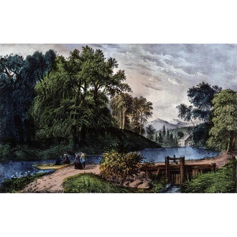 Summer Morning Black Modern Wood Framed Art Print with Double Matting by Currier and Ives