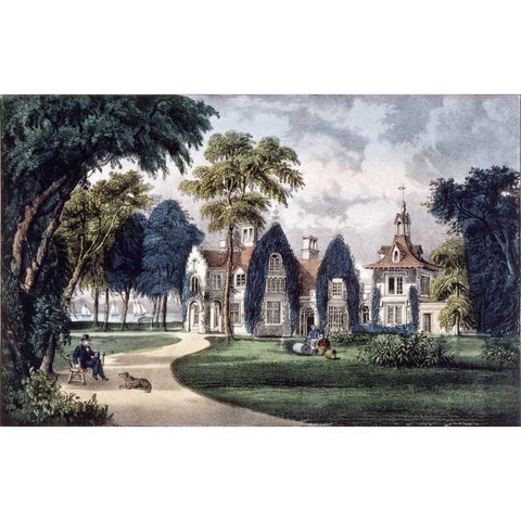 Sunnyside - On The Hudson Black Modern Wood Framed Art Print with Double Matting by Currier and Ives