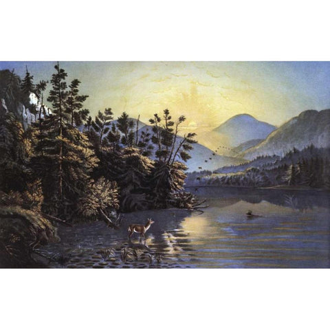 Sunrise On Lake Saranac Black Modern Wood Framed Art Print with Double Matting by Currier and Ives