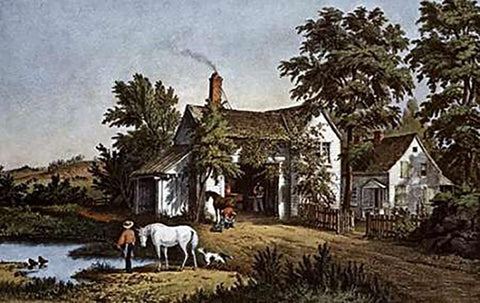Village Blacksmith Black Ornate Wood Framed Art Print with Double Matting by Ives, Currier and