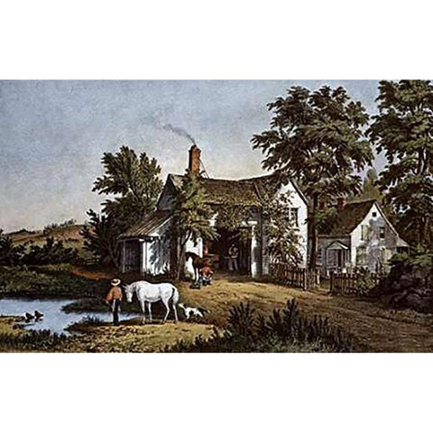Village Blacksmith Black Modern Wood Framed Art Print by Ives, Currier and