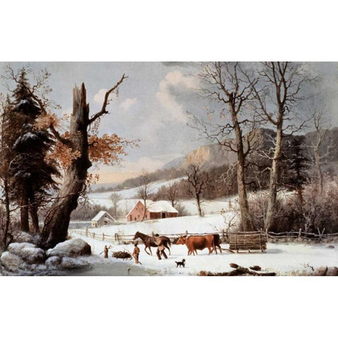 Winter In The Country - Homeward From The Wood-Lot Gold Ornate Wood Framed Art Print with Double Matting by Currier and Ives