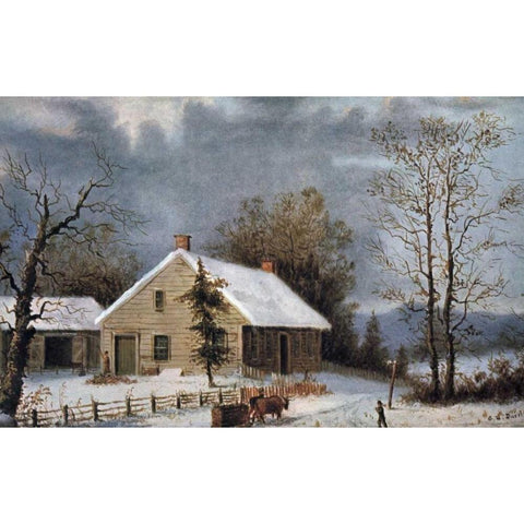 Winter Wood Black Modern Wood Framed Art Print with Double Matting by Currier and Ives