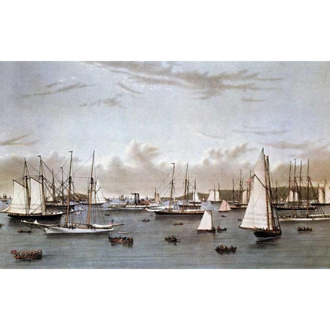 Yacht Squadron - Newport White Modern Wood Framed Art Print by Currier and Ives