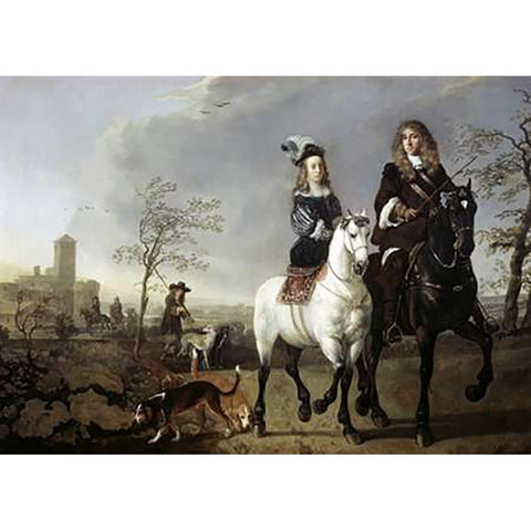 Lady and Gentleman On Horseback Gold Ornate Wood Framed Art Print with Double Matting by Cuyp, Aelbert