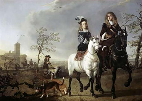 Lady and Gentleman On Horseback White Modern Wood Framed Art Print with Double Matting by Cuyp, Aelbert