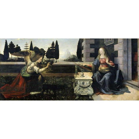 Annunciation Gold Ornate Wood Framed Art Print with Double Matting by Da Vinci, Leonardo