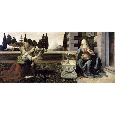 Annunciation Gold Ornate Wood Framed Art Print with Double Matting by Da Vinci, Leonardo