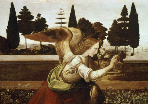 Annunciation - Detail White Modern Wood Framed Art Print with Double Matting by Da Vinci, Leonardo