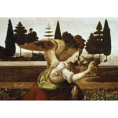 Annunciation - Detail Black Modern Wood Framed Art Print with Double Matting by Da Vinci, Leonardo