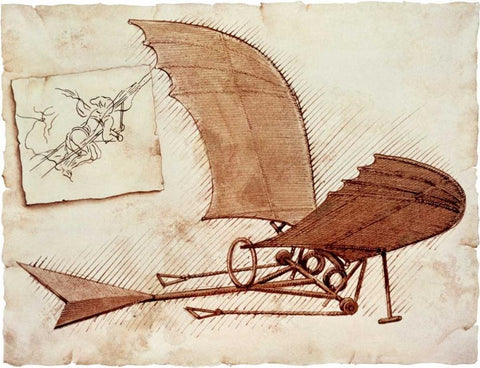 Flying Machine White Modern Wood Framed Art Print with Double Matting by Da Vinci, Leonardo