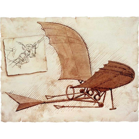 Flying Machine Black Modern Wood Framed Art Print with Double Matting by Da Vinci, Leonardo