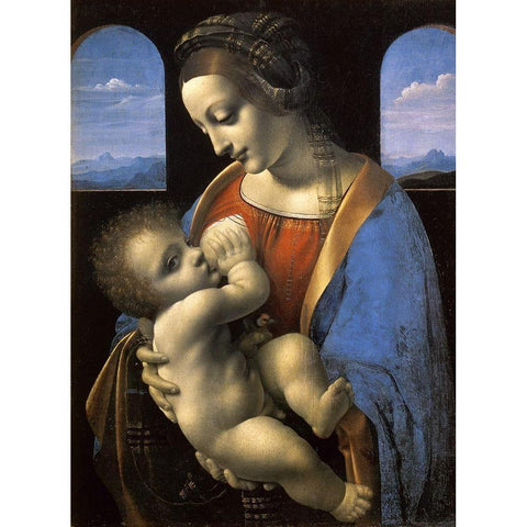 Madonna Litta Gold Ornate Wood Framed Art Print with Double Matting by Da Vinci, Leonardo