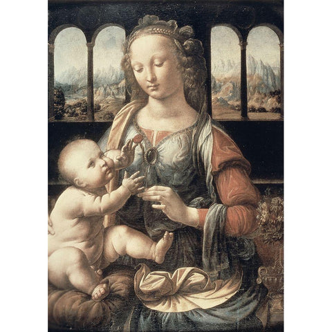 Madonna of The Carnation White Modern Wood Framed Art Print by Da Vinci, Leonardo