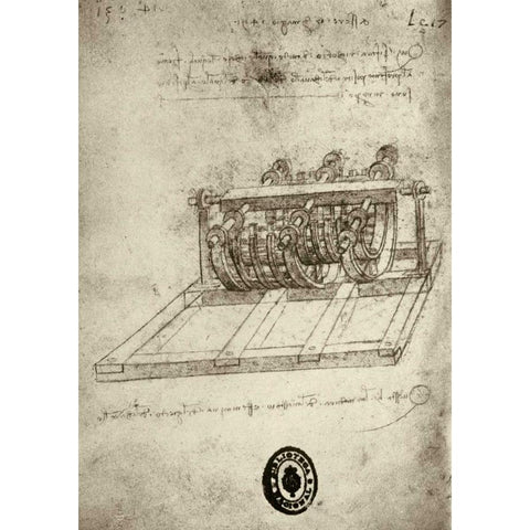 Mechanical Sketches Gold Ornate Wood Framed Art Print with Double Matting by Da Vinci, Leonardo