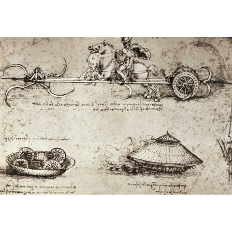 Military Inventions Sketches Black Modern Wood Framed Art Print with Double Matting by Da Vinci, Leonardo