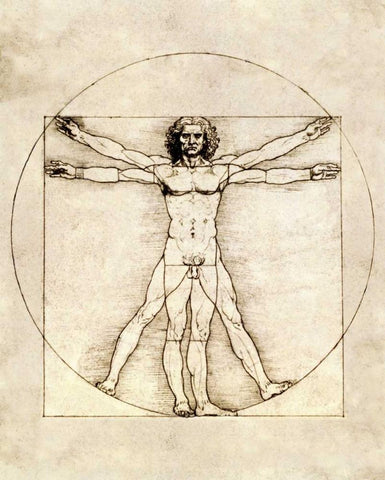 Proportions of the Human Figure - Vitruvian Man Black Ornate Wood Framed Art Print with Double Matting by Da Vinci, Leonardo