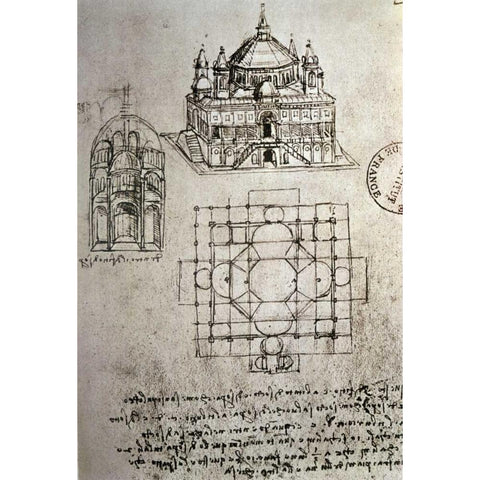 Sketch of a Square Church with Central Dome and Minaret Black Modern Wood Framed Art Print with Double Matting by Da Vinci, Leonardo