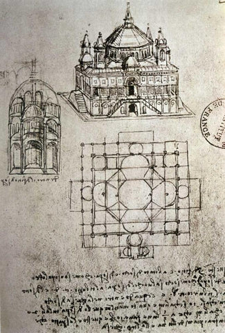 Sketch of a Square Church with Central Dome and Minaret Black Ornate Wood Framed Art Print with Double Matting by Da Vinci, Leonardo