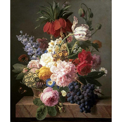 Flowers and Fruit Gold Ornate Wood Framed Art Print with Double Matting by Van Dael, Jan Frans