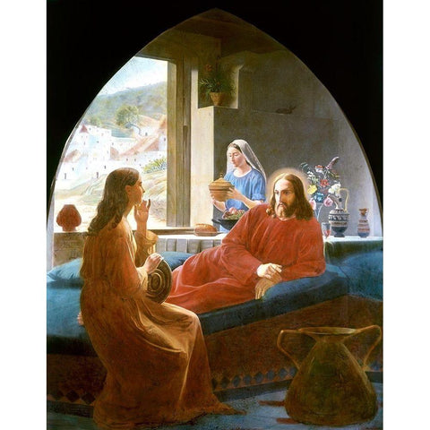 Jesus With Mary and Martha Gold Ornate Wood Framed Art Print with Double Matting by Dalsgaard, Christen