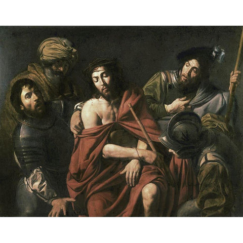 Jesus Insulted By The Soldiers Gold Ornate Wood Framed Art Print with Double Matting by de Boulogn, Jean Valentin