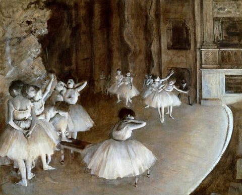 Ballet Rehearsal on the Set, 1874 Black Ornate Wood Framed Art Print with Double Matting by Degas, Edgar