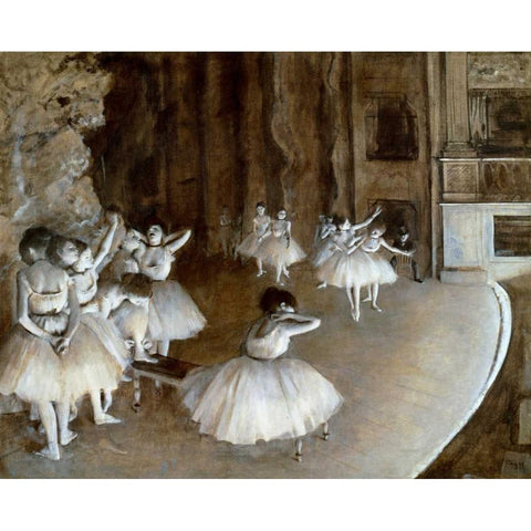 Ballet Rehearsal on the Set, 1874 White Modern Wood Framed Art Print by Degas, Edgar