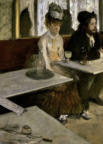 In a Cafe - Absinthe Black Ornate Wood Framed Art Print with Double Matting by Degas, Edgar