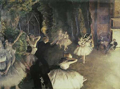 Rehearsal of the Ballet on Stage Black Ornate Wood Framed Art Print with Double Matting by Degas, Edgar