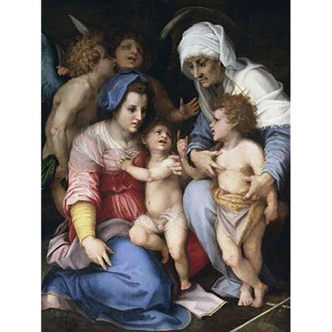 Holy Family With Angels Gold Ornate Wood Framed Art Print with Double Matting by Del Sarto, Andrea