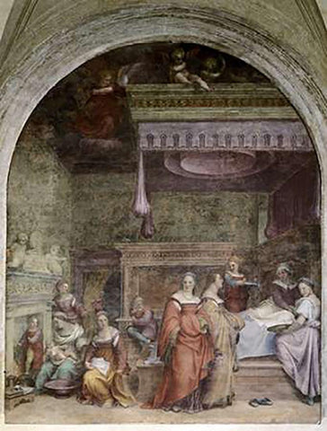 Nativity of Mary White Modern Wood Framed Art Print with Double Matting by Del Sarto, Andrea