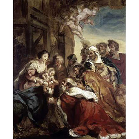 Adoration of The Kings White Modern Wood Framed Art Print by Delacroix, Eugene