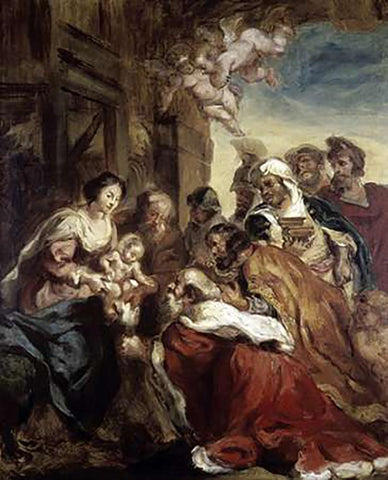 Adoration of The Kings White Modern Wood Framed Art Print with Double Matting by Delacroix, Eugene