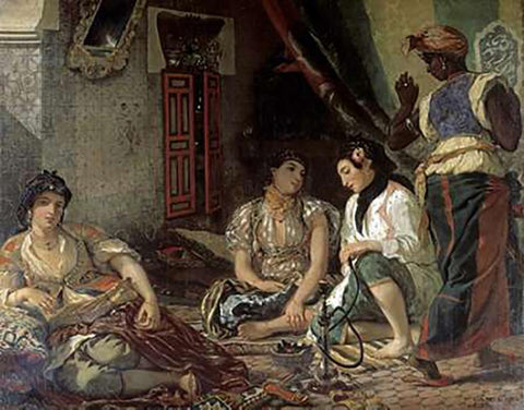 Algerian Women In Their Apartment White Modern Wood Framed Art Print with Double Matting by Delacroix, Eugene