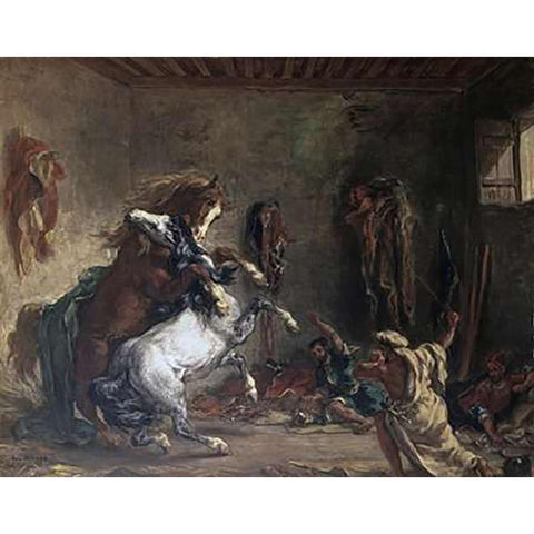 Arabian Horses Fighting In a Stable White Modern Wood Framed Art Print by Delacroix, Eugene