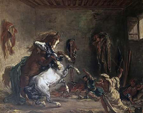 Arabian Horses Fighting In a Stable White Modern Wood Framed Art Print with Double Matting by Delacroix, Eugene