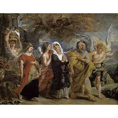 Copy After The Flight of Lot By Rubens White Modern Wood Framed Art Print by Delacroix, Eugene