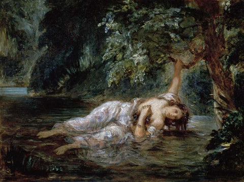 Death of Ophelia White Modern Wood Framed Art Print with Double Matting by Delacroix, Eugene