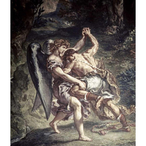 Jacob Wrestles With The Angel Gold Ornate Wood Framed Art Print with Double Matting by Delacroix, Eugene