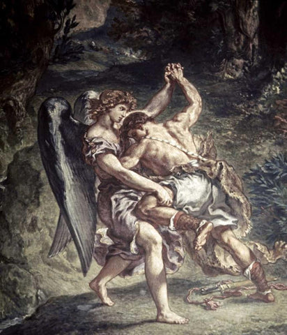 Jacob Wrestles With The Angel Black Ornate Wood Framed Art Print with Double Matting by Delacroix, Eugene