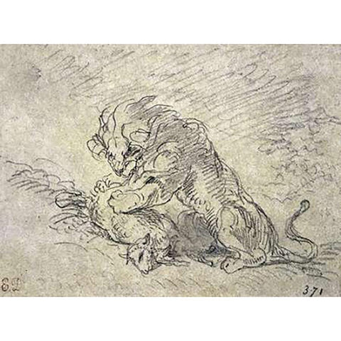 Lion Consuming a Sheep Black Modern Wood Framed Art Print with Double Matting by Delacroix, Eugene