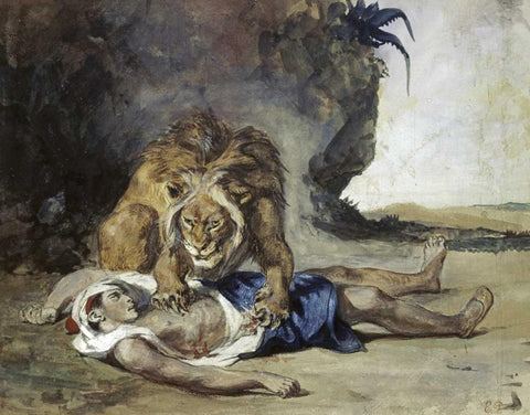 Lion Rending Apart a Corpse Black Ornate Wood Framed Art Print with Double Matting by Delacroix, Eugene