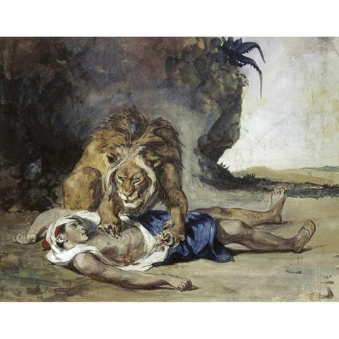 Lion Rending Apart a Corpse White Modern Wood Framed Art Print by Delacroix, Eugene