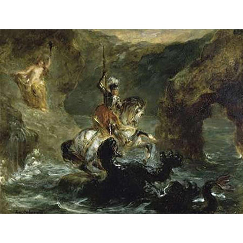 St. George Fighting the Dragon Gold Ornate Wood Framed Art Print with Double Matting by Delacroix, Eugene