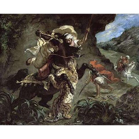 Tiger Hunt Black Modern Wood Framed Art Print with Double Matting by Delacroix, Eugene