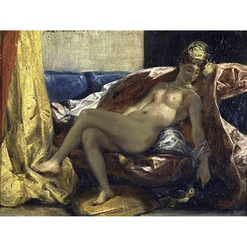 Woman Caressing a Parrot Black Modern Wood Framed Art Print with Double Matting by Delacroix, Eugene