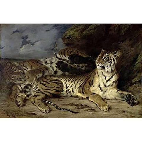 Young Tiger Playing with his Mother Gold Ornate Wood Framed Art Print with Double Matting by Delacroix, Eugene