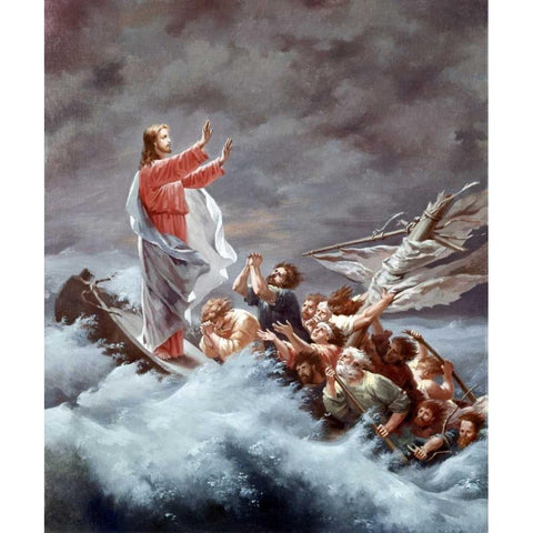 Christ Stilling The Tempest Gold Ornate Wood Framed Art Print with Double Matting by Dietrich, Christian W.E.